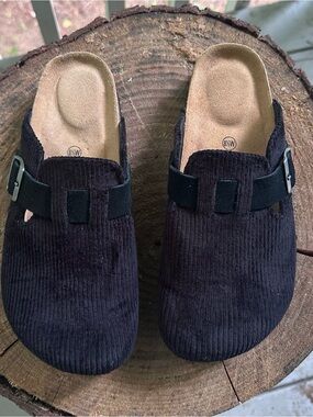 Cushionaire Hana Corduroy Slip-On Clogs in Black with Buckle